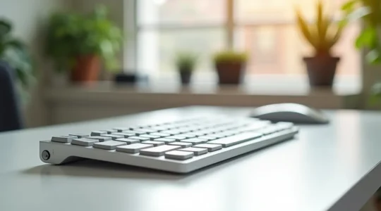 Un clavier magnétique haut de gamme sur un bureau professionnel minimaliste avec éclairage naturel