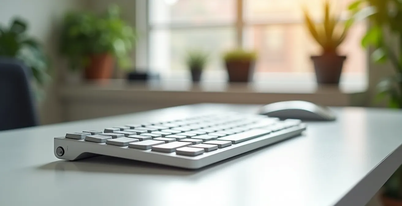 Un clavier magnétique haut de gamme sur un bureau professionnel minimaliste avec éclairage naturel