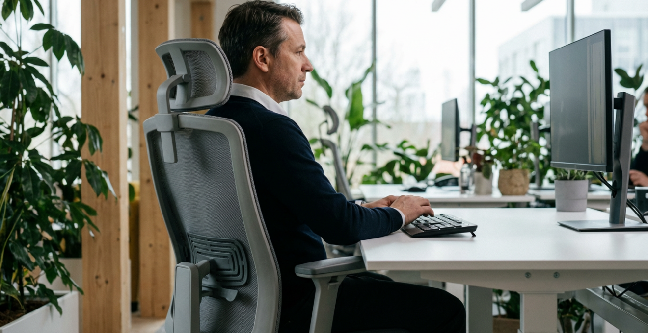 Professionnel utilisant un fauteuil de bureau ergonomique avec support lombaire