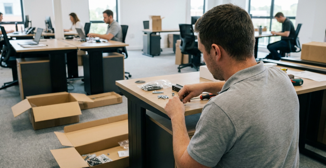 Technicien installant du mobilier de bureau professionnel
