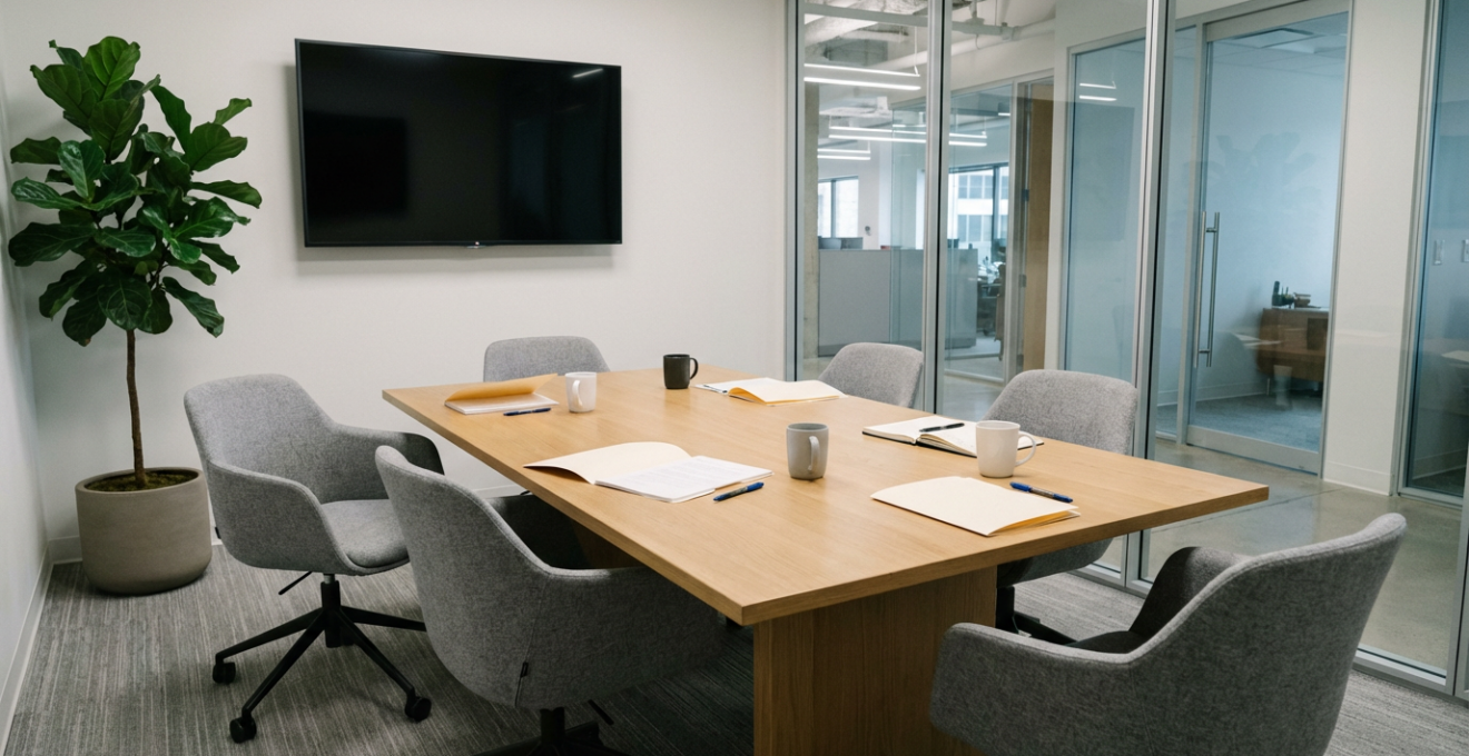 Salle de réunion professionnelle avec table moderne et chaises design