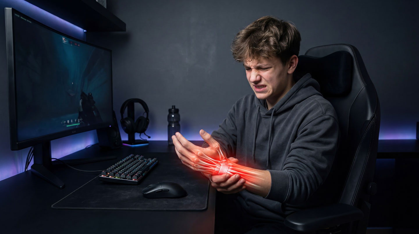 Gros plan en macro d'une main posée sur une souris gaming ergonomique, angle montrant une légère extension du poignet, avant-bras flouté en arrière-plan, surface de bureau moderne nette