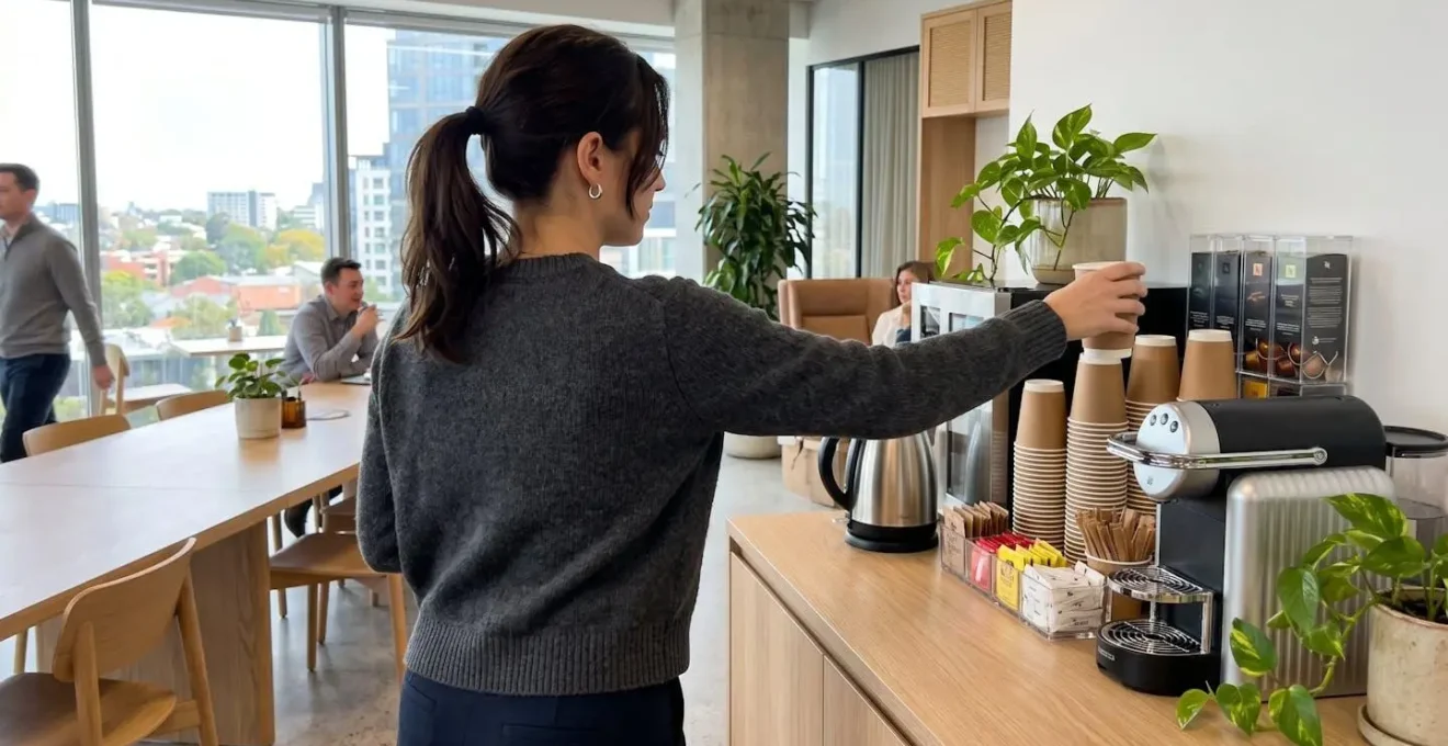 Un employé de bureau vu de dos tend la main vers un gobelet en carton posé sur un distributeur de boissons dans un espace pause lumineux et moderne