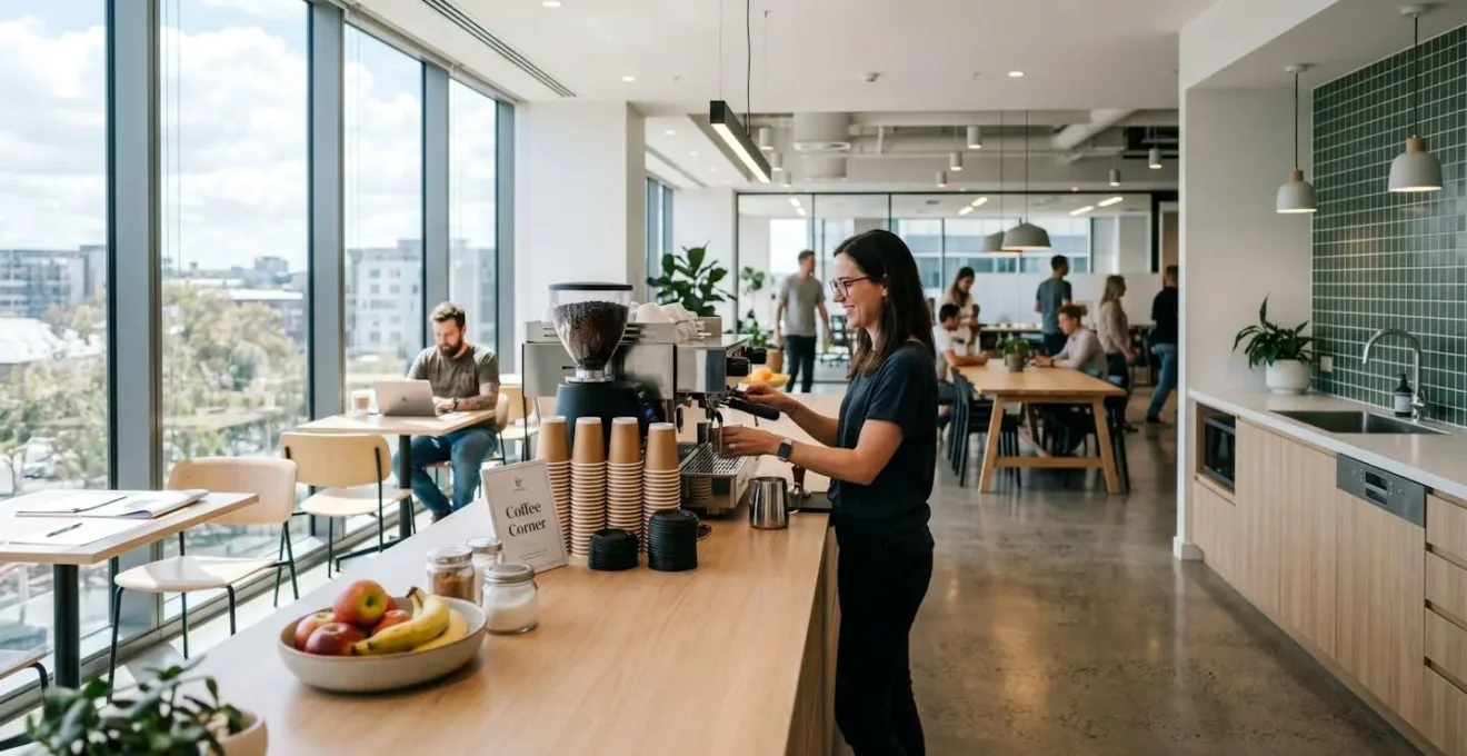 Vue large d'un espace pause café d'entreprise contemporain et lumineux, avec distributeur de boissons, plan de travail propre, quelques gobelets en carton disposés, et une silhouette floue au second plan