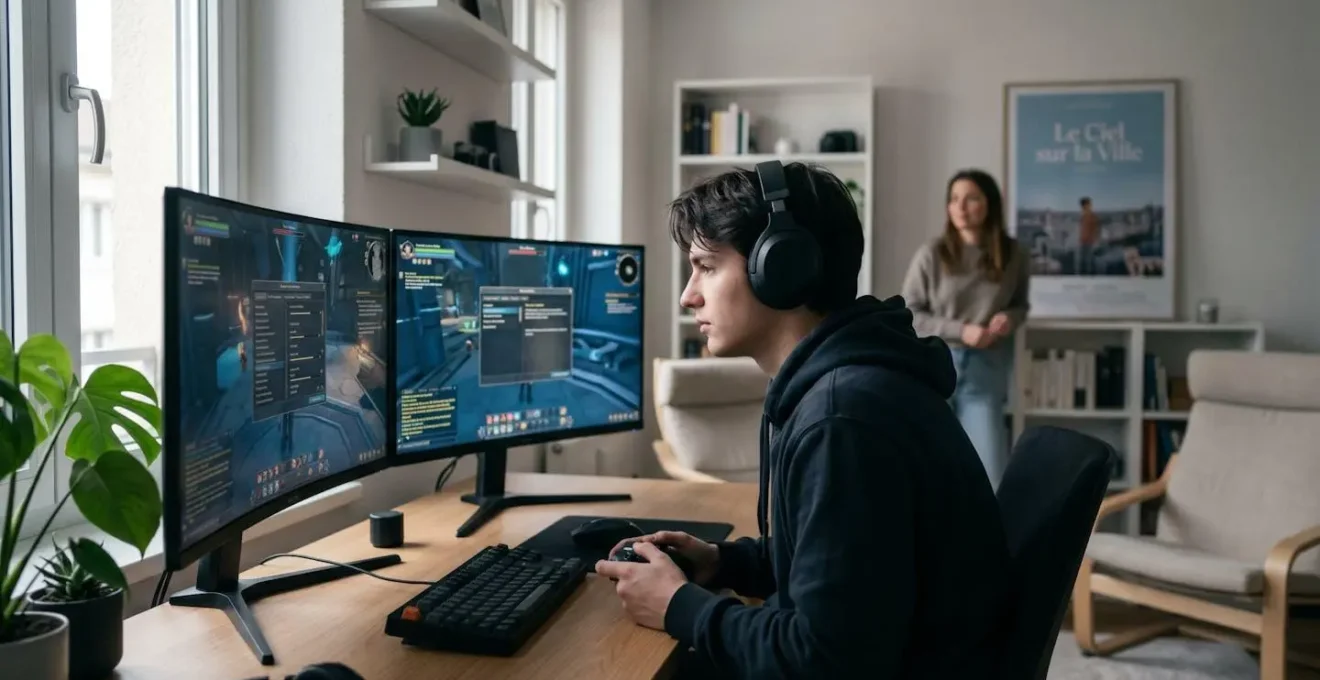 Un jeune adulte vu de profil devant un setup gaming à deux écrans, posture légèrement voutée avec nuque projetée en avant, dans un bureau moderne lumineux