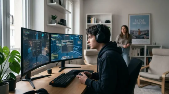 Un jeune adulte vu de profil devant un setup gaming à deux écrans, posture légèrement voutée avec nuque projetée en avant, dans un bureau moderne lumineux