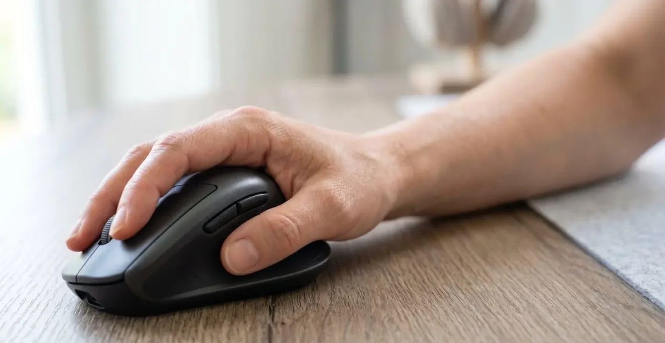 Gros plan en macro d'une main posée sur une souris gaming ergonomique, angle montrant une légère extension du poignet, avant-bras flouté en arrière-plan, surface de bureau moderne nette