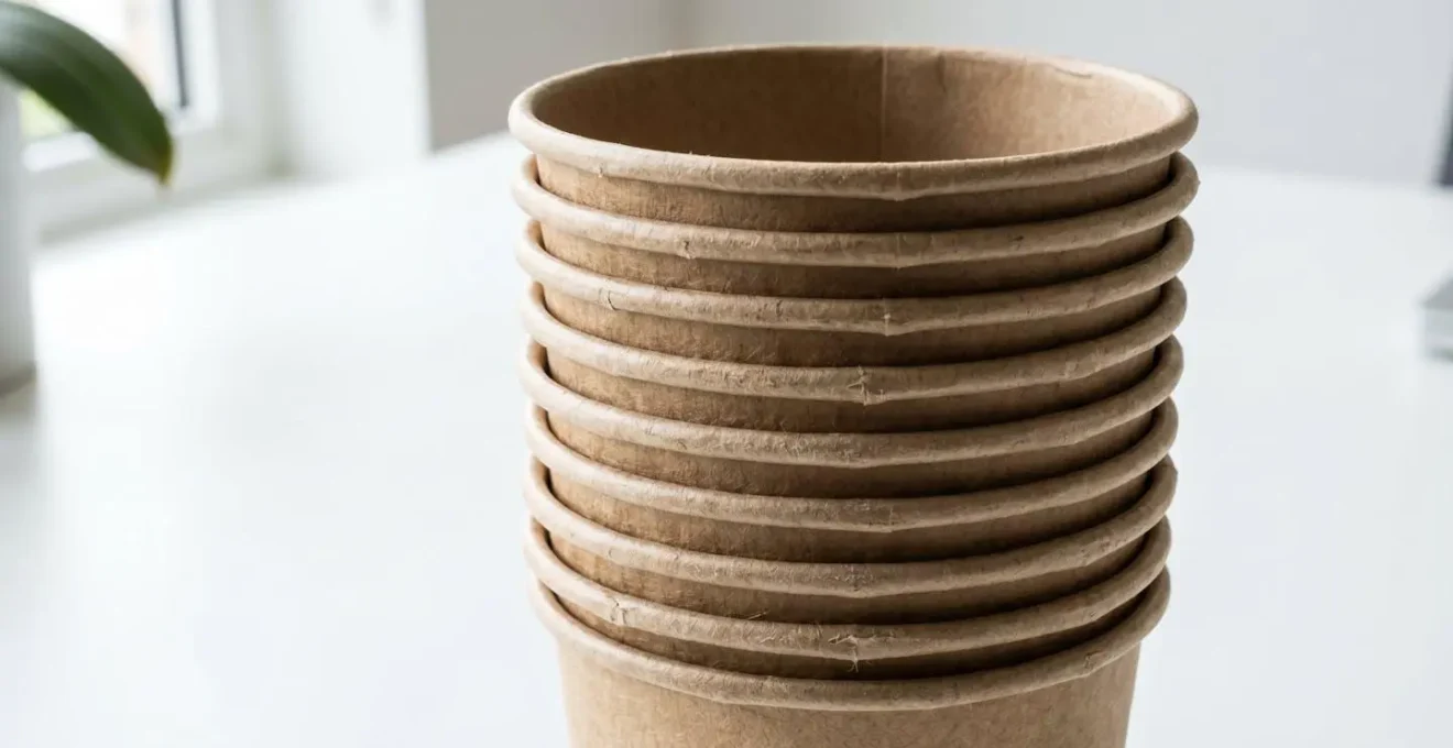 Gros plan d'une pile de gobelets en carton vierges posés sur une surface de bureau blanche et épurée, avec un arrière-plan flouté créant un effet de profondeur