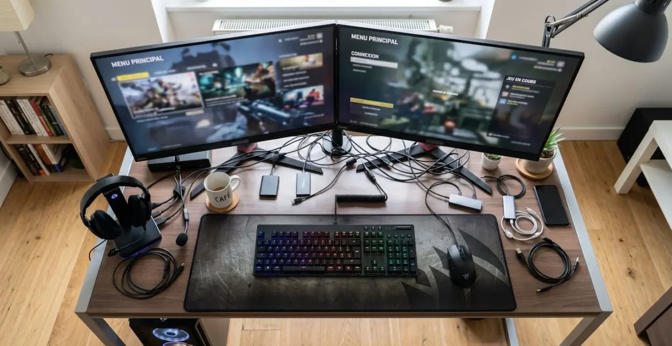 Vue de dessus d'un bureau gaming moderne montrant un plateau de 110 cm surchargé avec deux écrans de 27 pouces, clavier mécanique, tapis de souris XXL et câbles débordant sur les bords